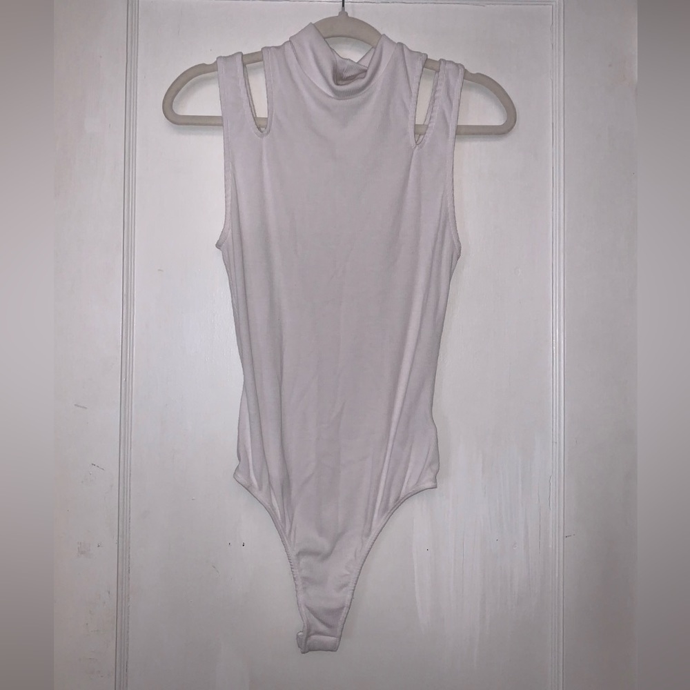 Free People Cut Out White Knit Sleeveless Mock Neck Bodysuit